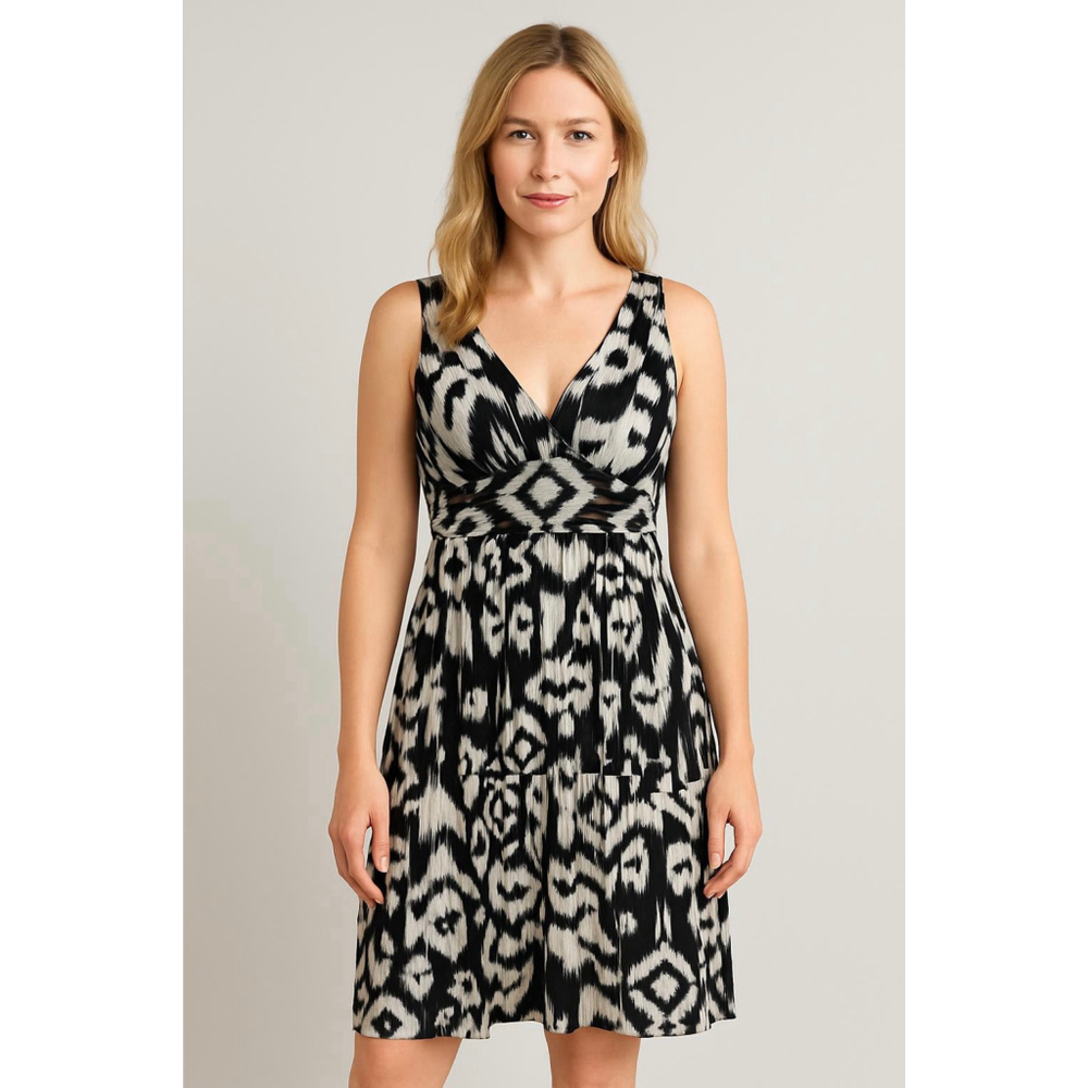 Womens Kathy Roberts Black White Sleeveless Ikat Print VNeck Dress 14 Boho Chic‎